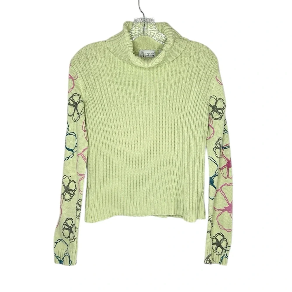 Cousin Johnny Whimsical Floral Lime Green Contour Knit Funnel Neck Sweater